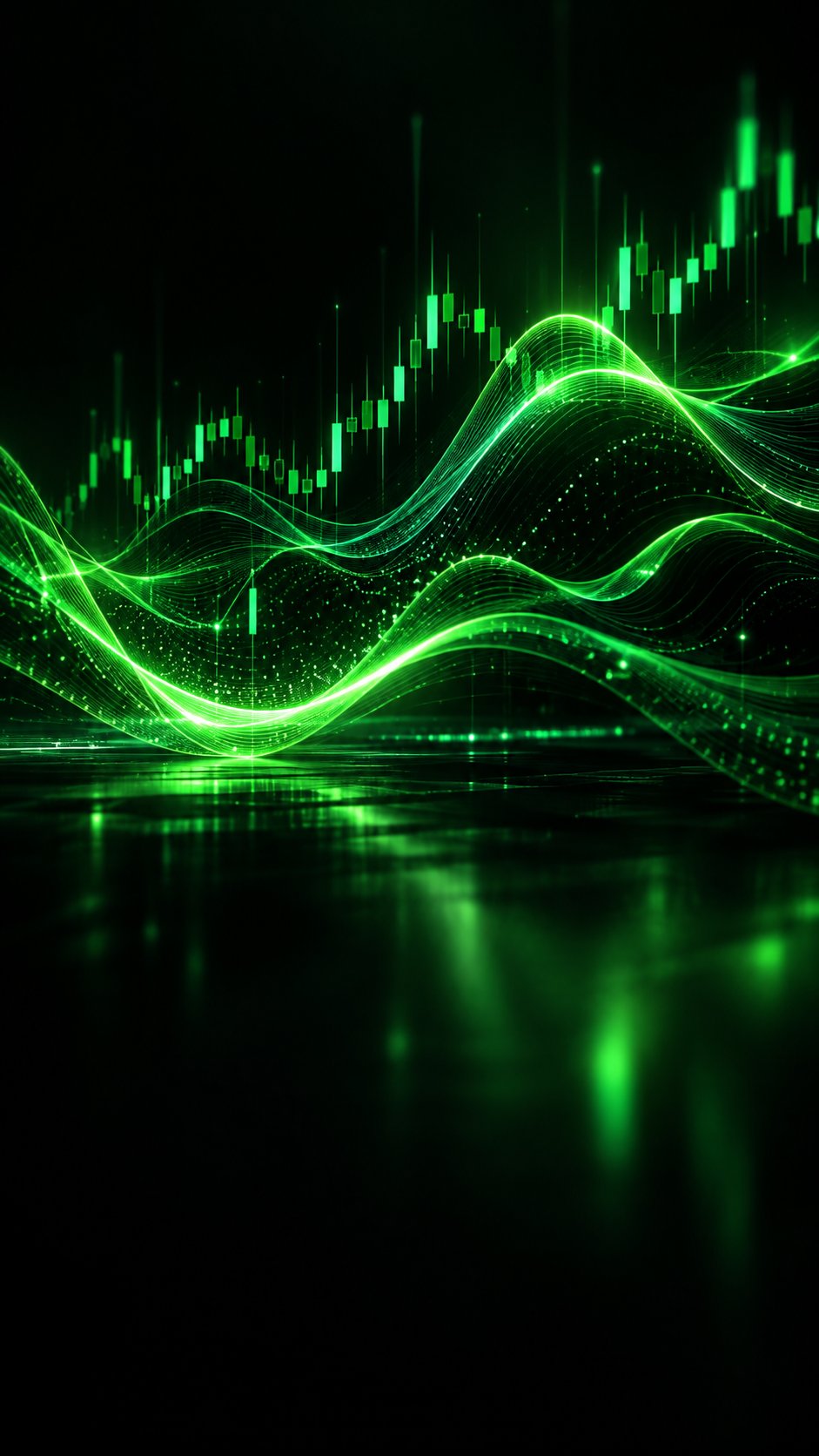 Abstract waves of light representing market volatility across currency charts