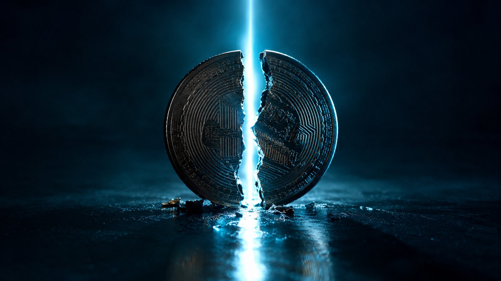 Coin being split into two halves by a beam of light