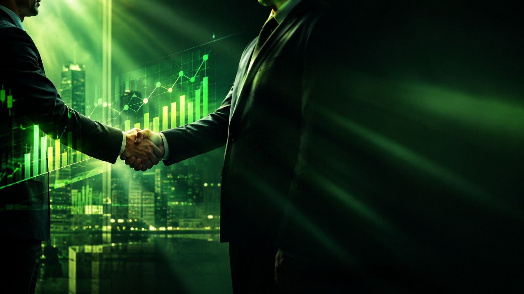Handshake between two business professionals with charts overlay
