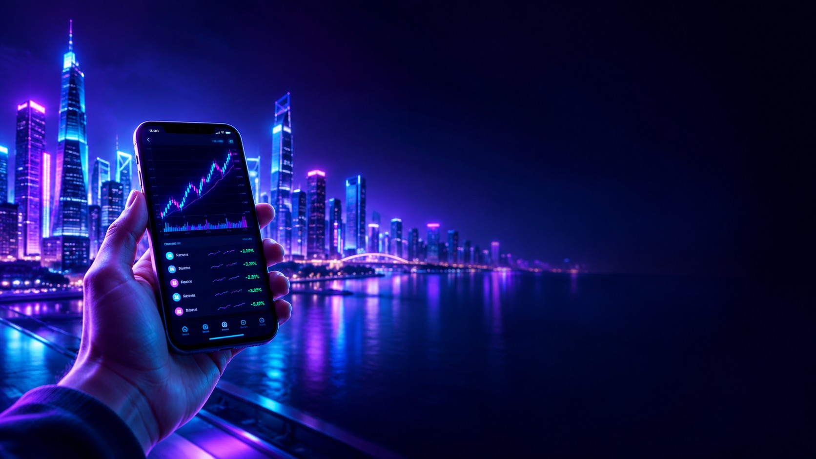 Hand holding a phone with a stock trading app and a city in the background