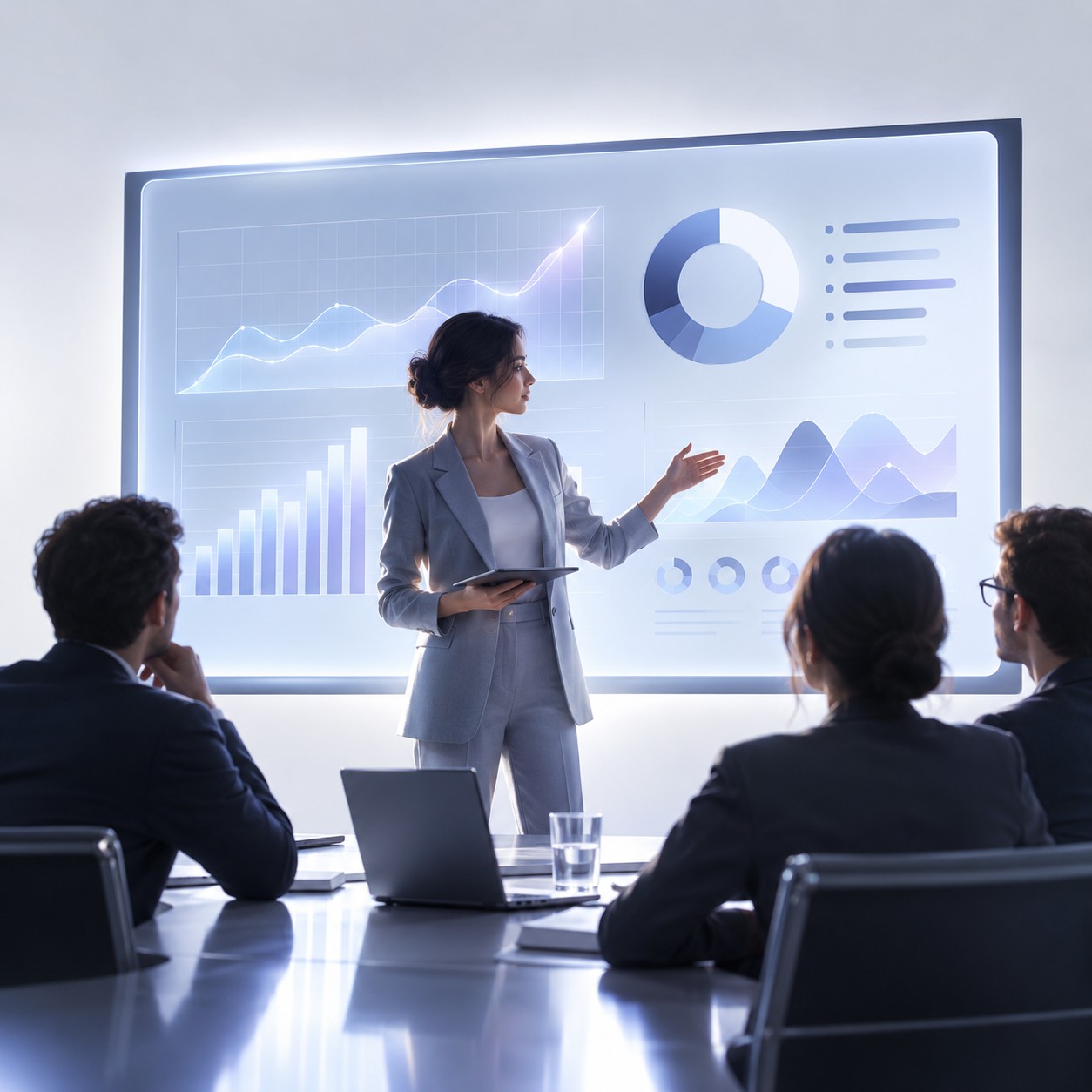 Analyst presenting charts on a large screen to a small team
