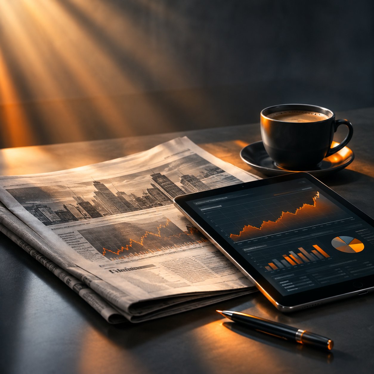Financial newspaper tablet with charts and coffee on a desk