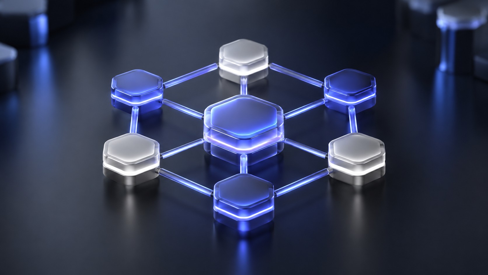 Interlocking glowing geometric tokens forming a decentralized network