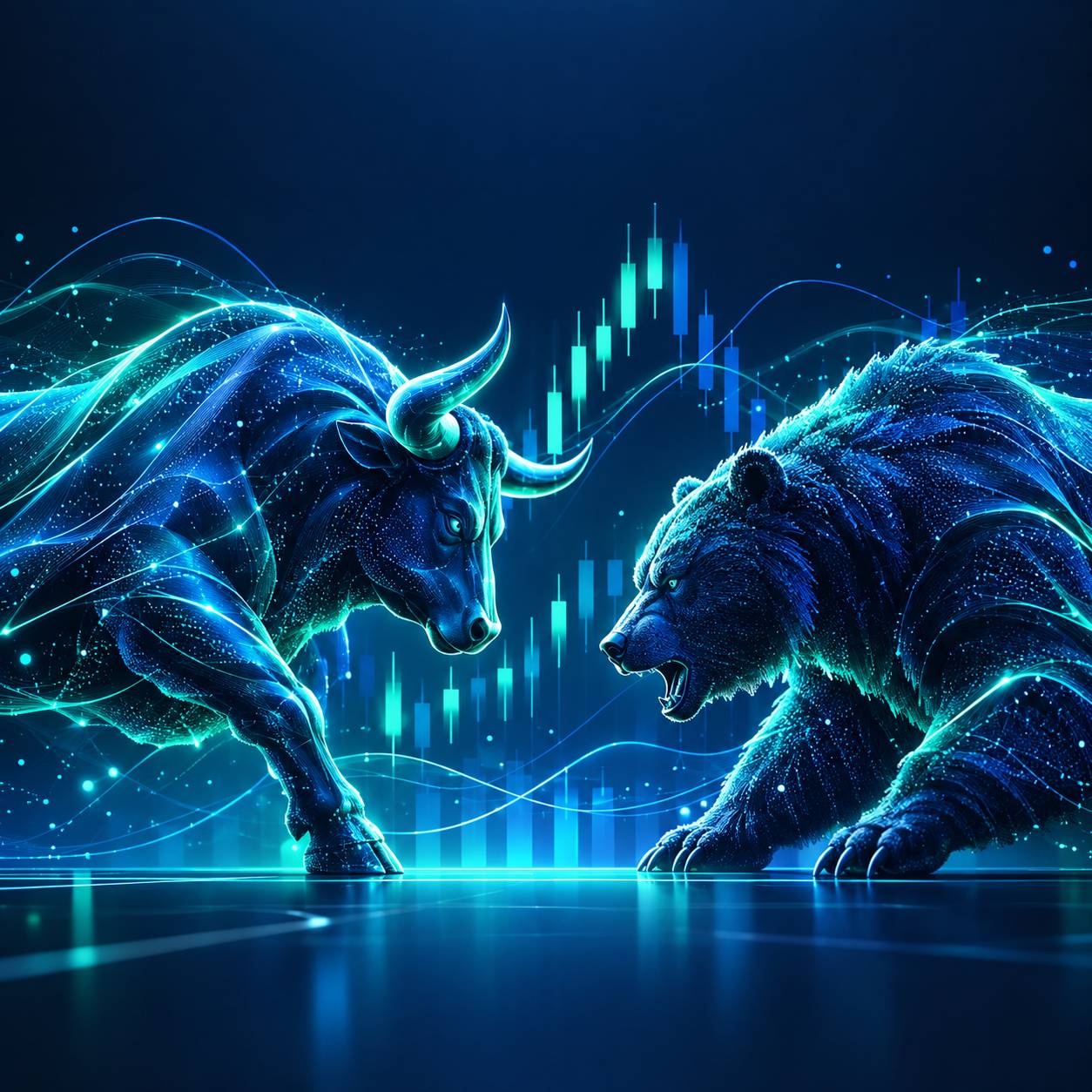 Bull and a bear facing each other on a chart landscape